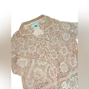 Vintage Newport News Crochet Pink Top Women’s 1X Button Floral Mauve Grandma 90s